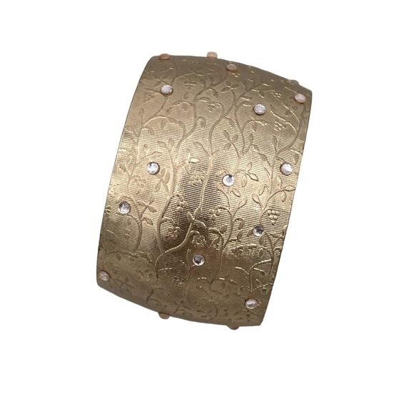 Textured Floral Rhinestone Wide Bangle Bracelet Gold Tone - Picture 1 of 8